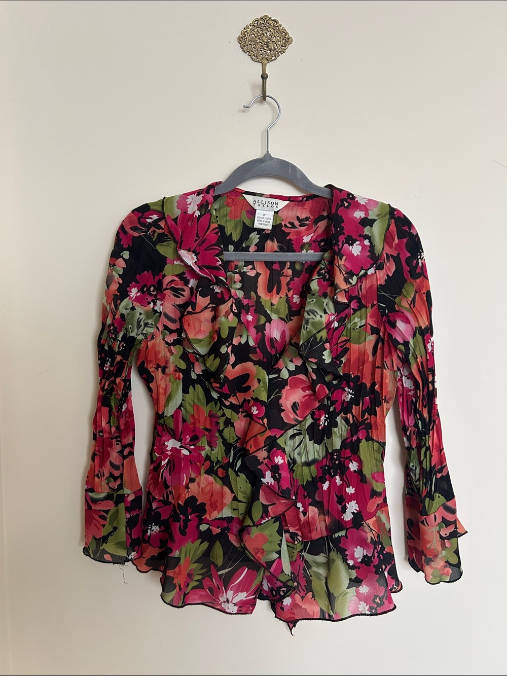 Size M | Allison Taylor | Black Floral Ruffle V-Neck Blouse with Pink & Green - Picture 8 of 11
